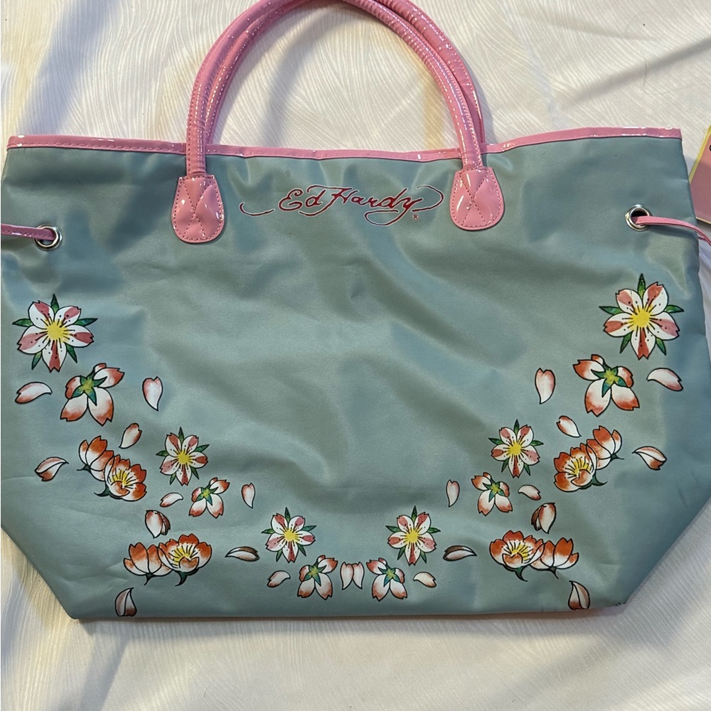 NWT Ed Hardy Floral Tote Bag Pink Teal Tattoo Y2K Style Coquette Beach Bag